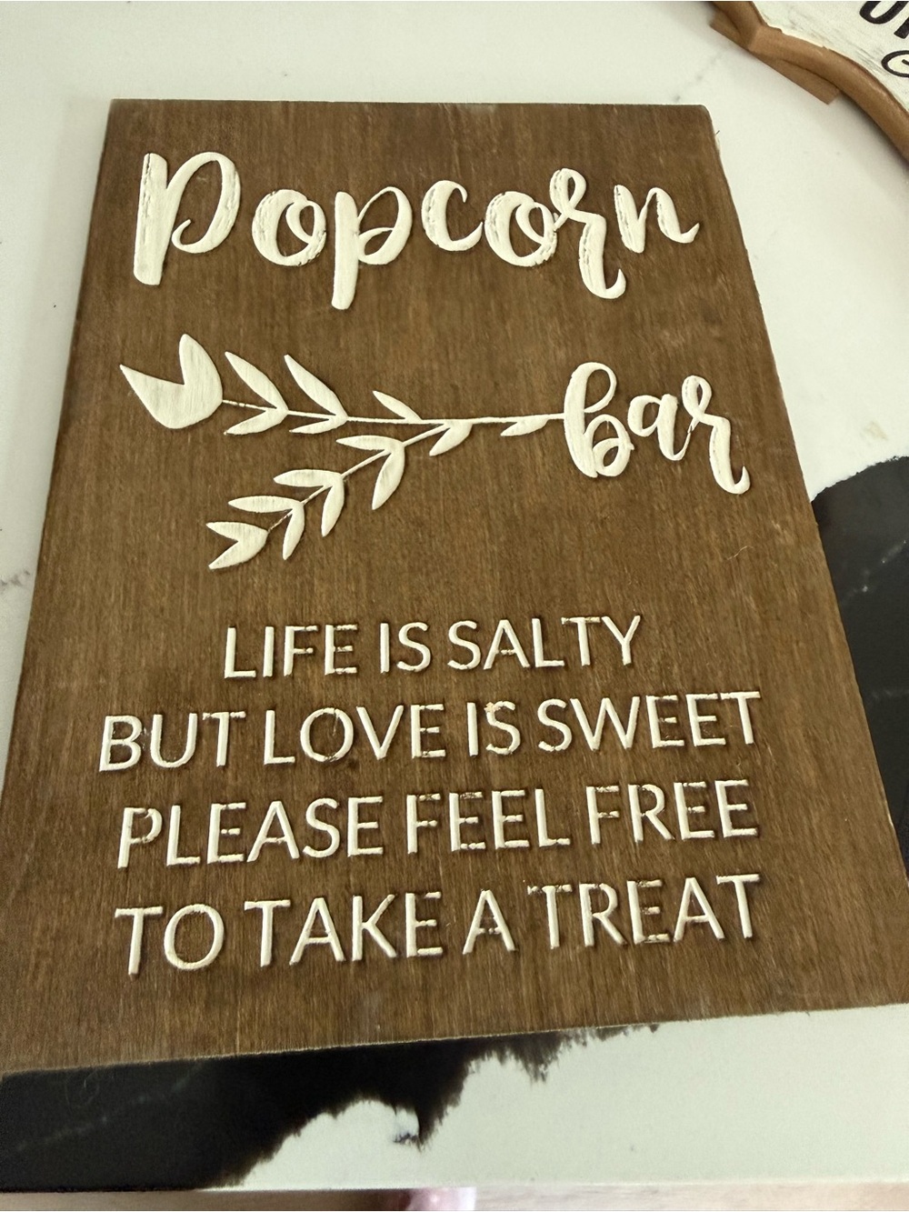 Popcorn Bar Wood Sign - White Lettering on Brown